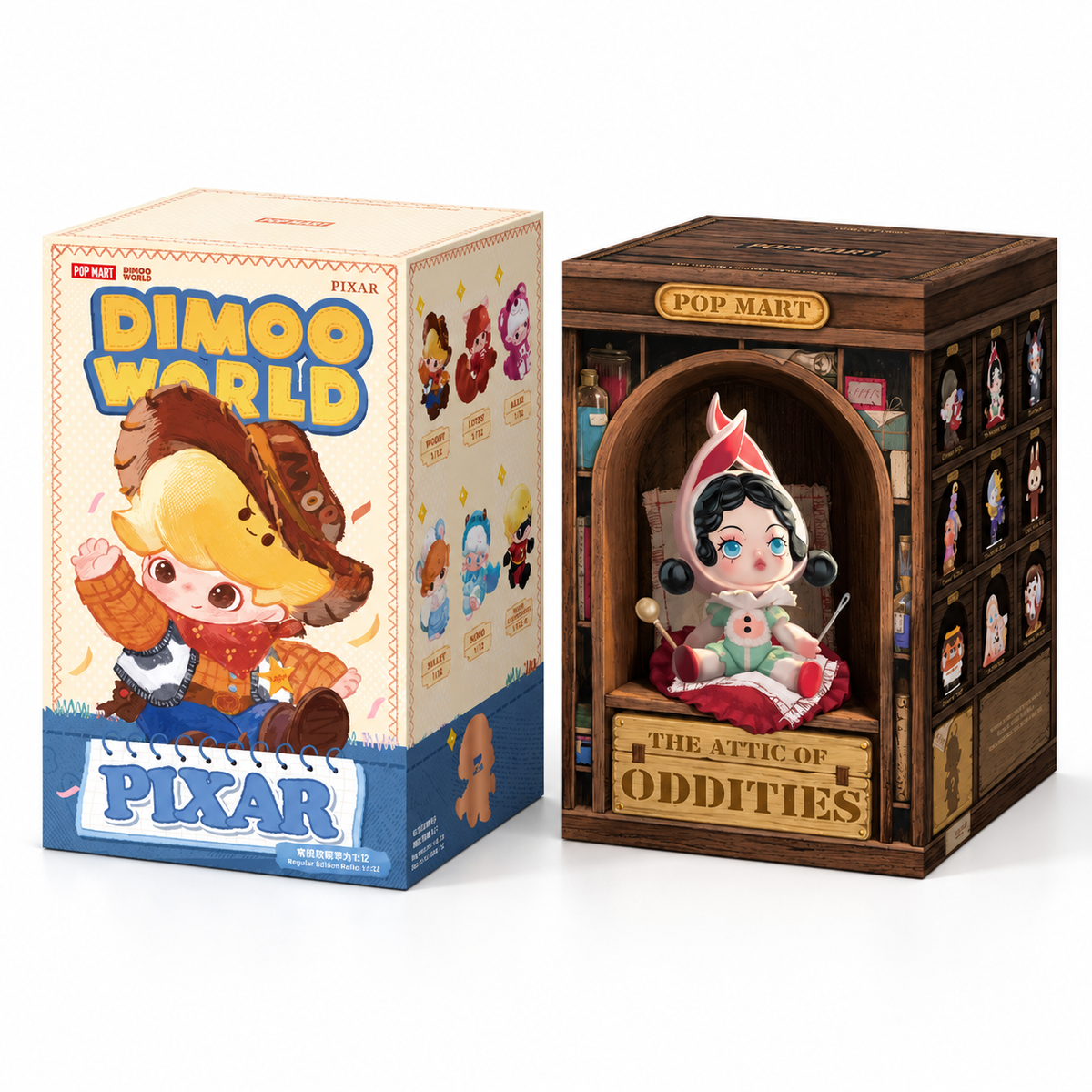 DIMOO WORLD × PIXAR and The Attic of Oddities duo white background studio packshot