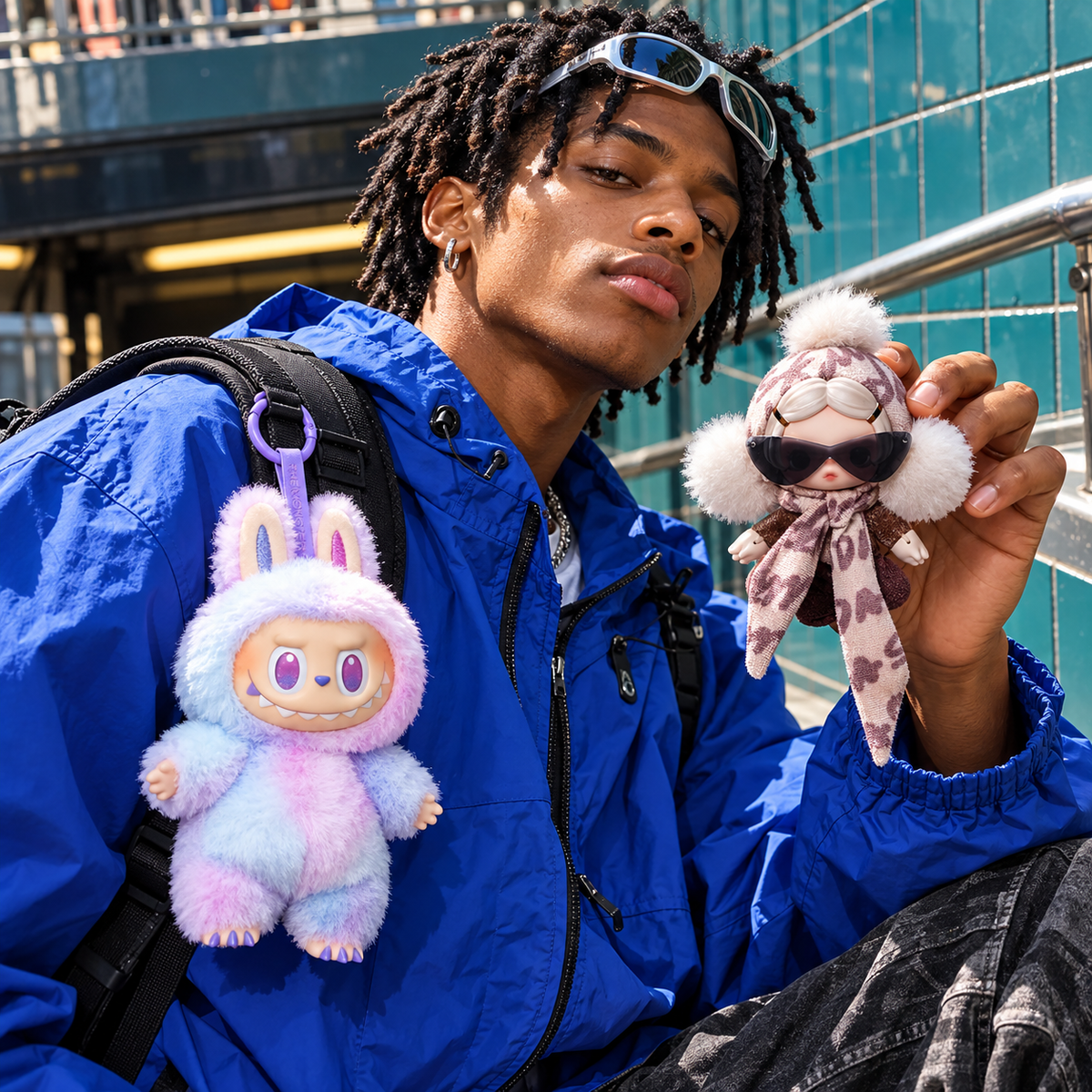 Labubu Big Into Energy + SKULLPANDA Off Mode Duo – 2 Blind Boxes — street lifestyle with the two collectibles at human scale