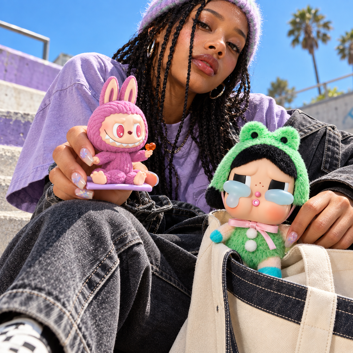 Labubu Lazy Yoga + CRYBABY Crying Again Duo – 2 Blind Boxes — street lifestyle with the two collectibles at human scale