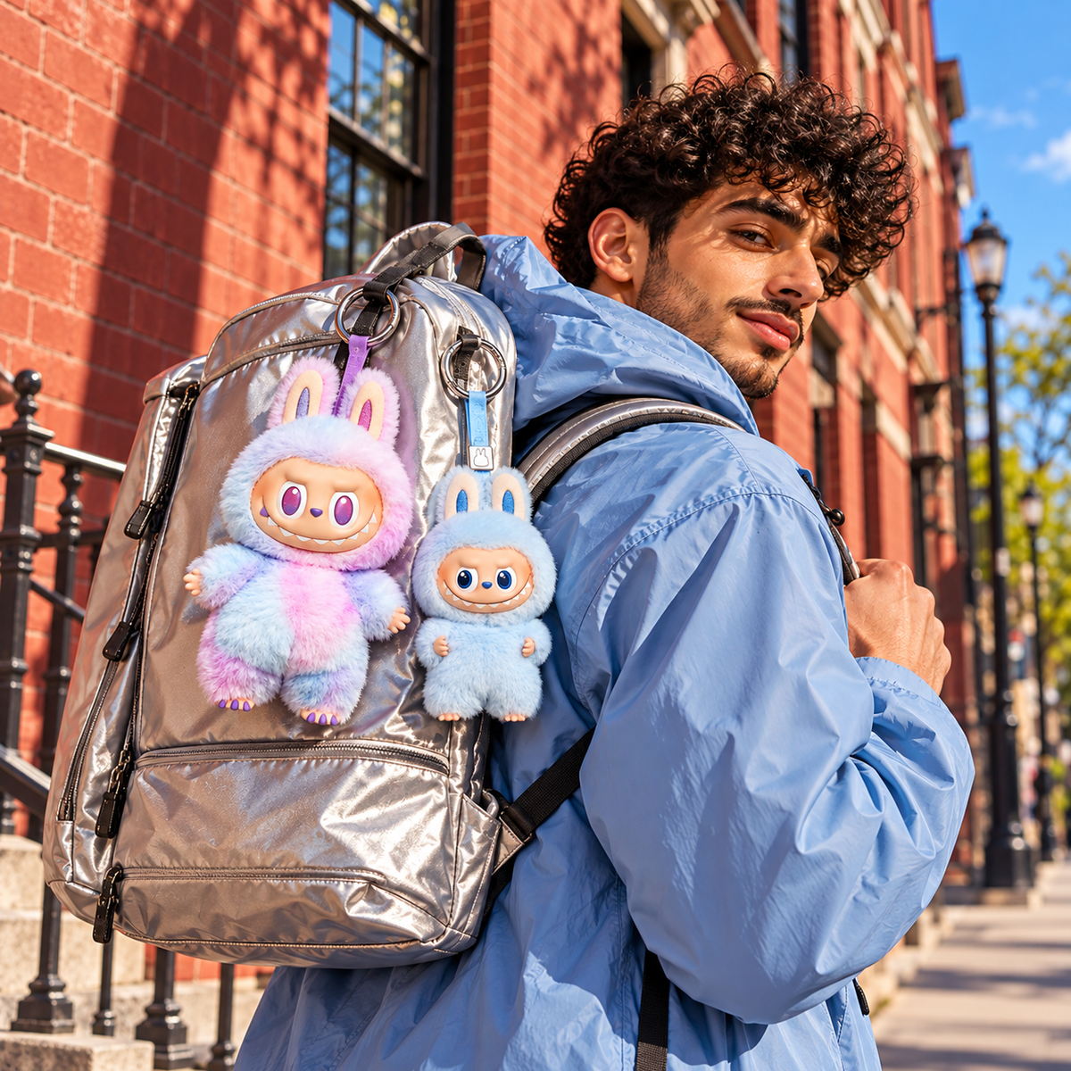 Labubu Big Into Energy + Labubu Pin for Love A–M Duo – 2 Blind Boxes — street lifestyle with the two collectibles at human scale